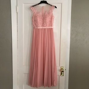 Pink gown with sheer bodice and lace appliqué